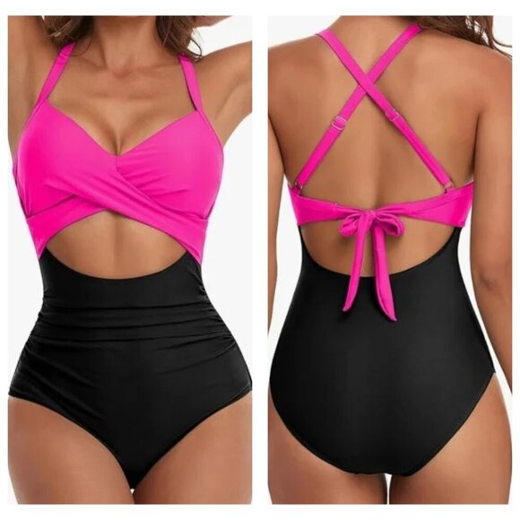 One Piece Swimsuit Tummy Control Cutout High Waisted Back Hot Pink Black L - Picture 1 of 11